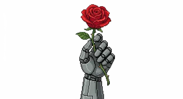 Robot holding a rose, full figure